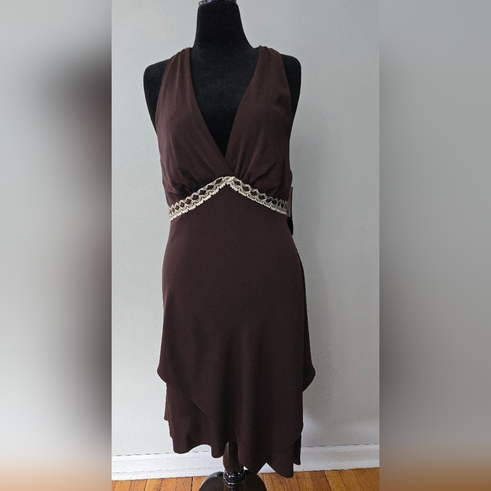 Vintage S.L. Fashions Y2K Halter Dress Sz 14 Brown Hanky Hem Asymmetrical Fairy